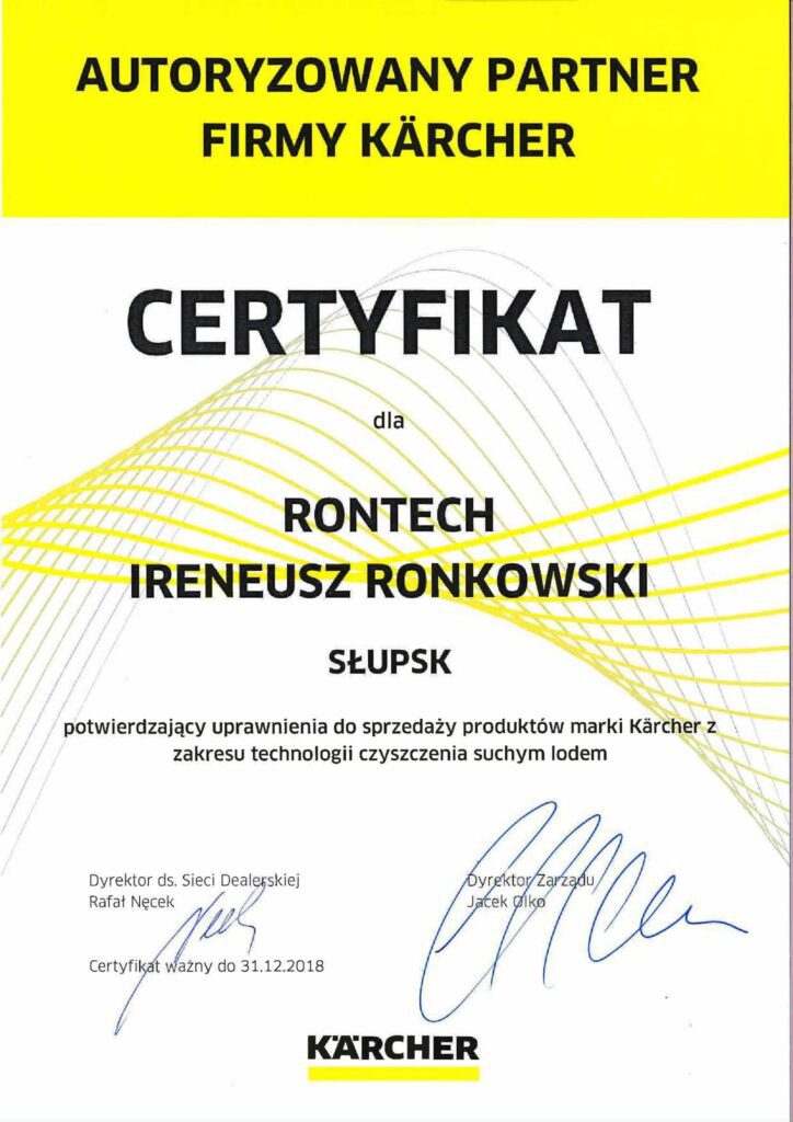 certyfikat dla rontech od firmy Karcher